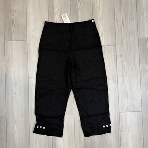 NWT Kathleen Haggerty XL Black Linen Ankle Pants Stretch Button Detail On Hems